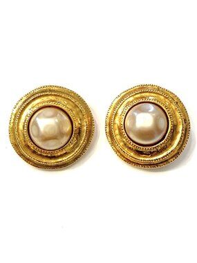 CHANEL Vintage Faux Pearl Lux GLAM Button Earrings • Byzantine Gold Tone